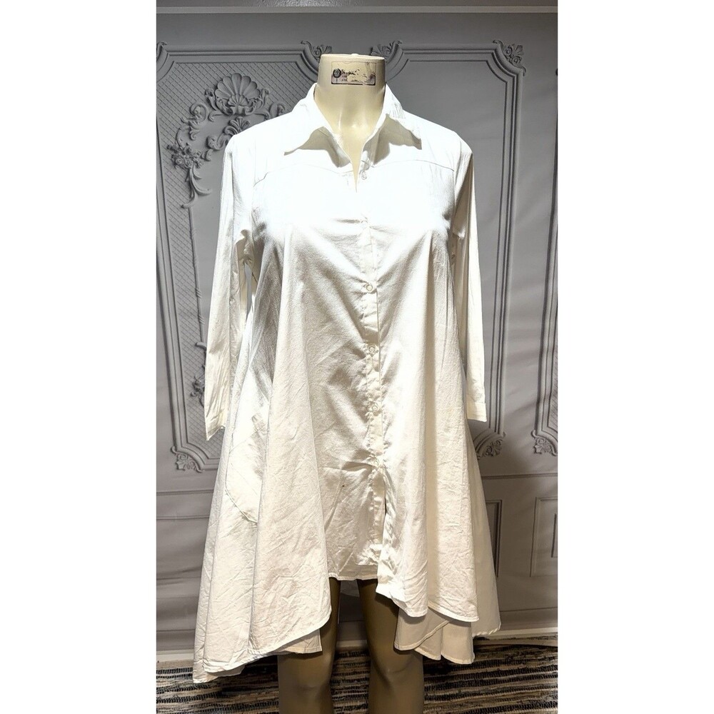 White Cotton Button Down - Tunic Dress 3/4 Sleeve S